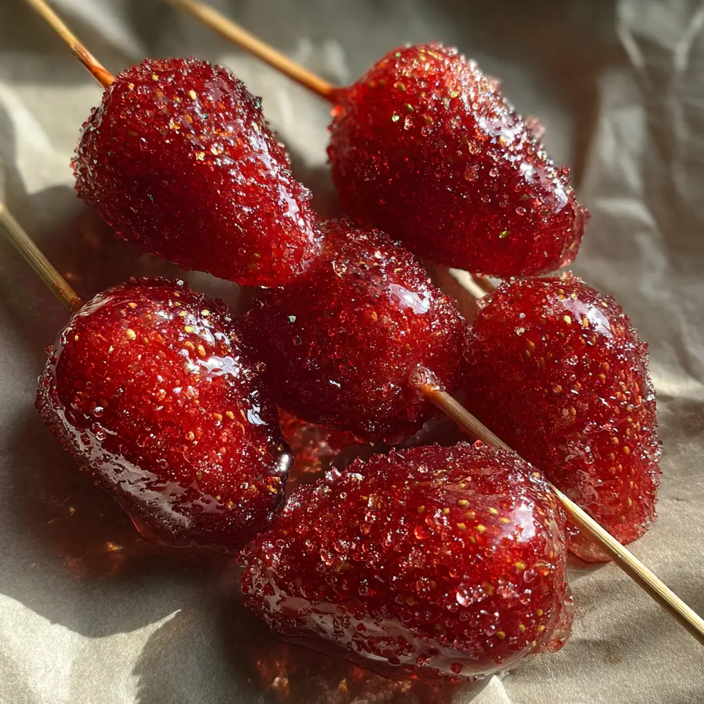 Strawberry Tanghulu – 3-Step Sweet Treat You’ll Love 4 Strawberry Tanghulu with glossy sugar coating on skewers