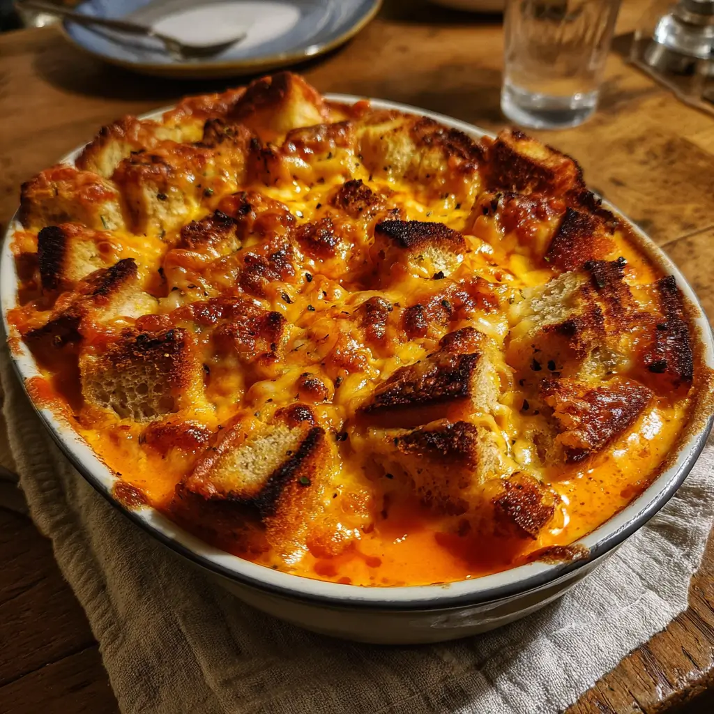 Tomato Soup and Grilled Cheese Casserole in a bubbling homemade bake with melted cheese and toasted bread cubes