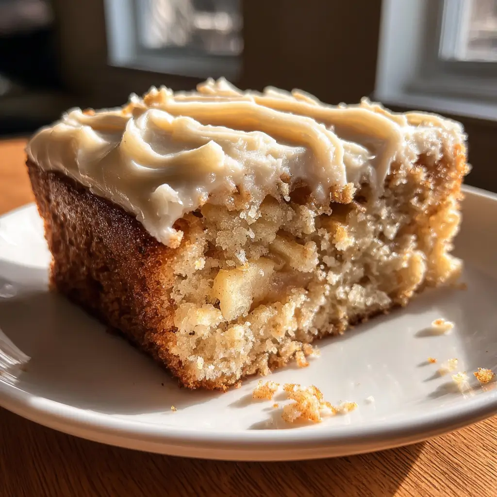 3-Ingredient Apple Cake: 1 Easy, Amazing Dessert Idea 6 Close-up slice of 3-Ingredient Apple Cake with cinnamon frosting on a white plate