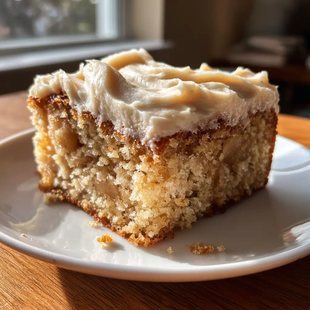 3-Ingredient Apple Cake: 1 Easy, Amazing Dessert Idea 9 Slice of 3-Ingredient Apple Cake with creamy frosting on a white plate