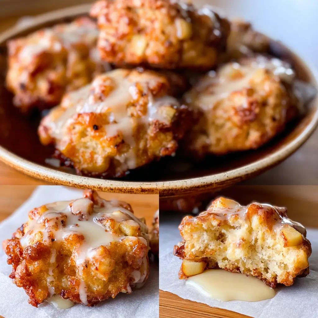 Air Fryer Apple Fritters – 6-Minute Crispy Recipe You’ll Love 8 Air Fryer Apple Fritters shown whole and cut open with glaze dripping