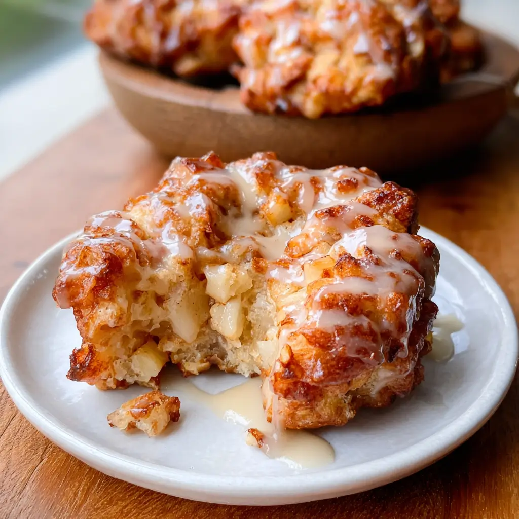 Air Fryer Apple Fritters – 6-Minute Crispy Recipe You’ll Love 9 Air Fryer Apple Fritter on a white plate with vanilla glaze and soft apple center