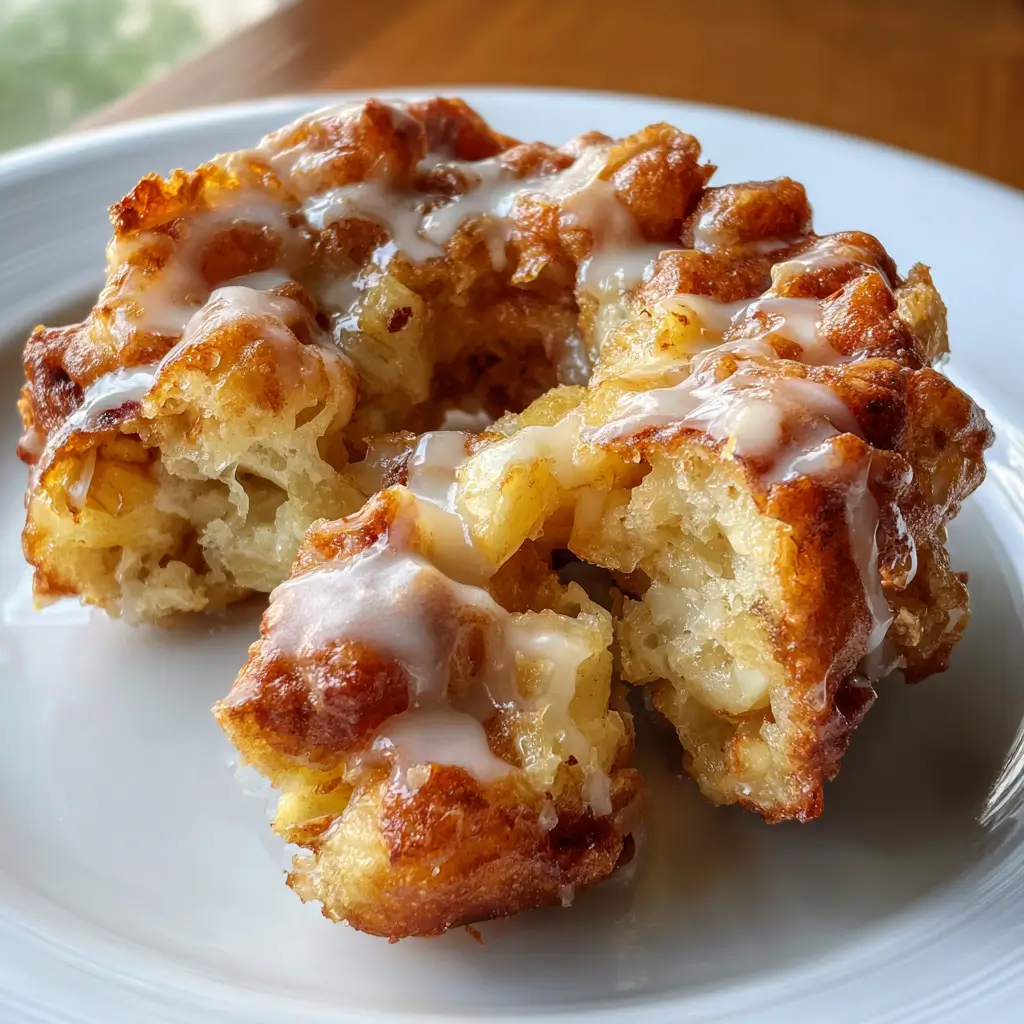 Air Fryer Apple Fritters – 6-Minute Crispy Recipe You’ll Love 5 Close-up of glazed Air Fryer Apple Fritter broken open on a white plate
