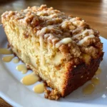 Apple Crumb Bread Recipe | 1 Bakery-Style Treat You’ll Love 7 Close-up of a thick apple crumb bread slice with maple glaze and visible apple chunks on a white plate