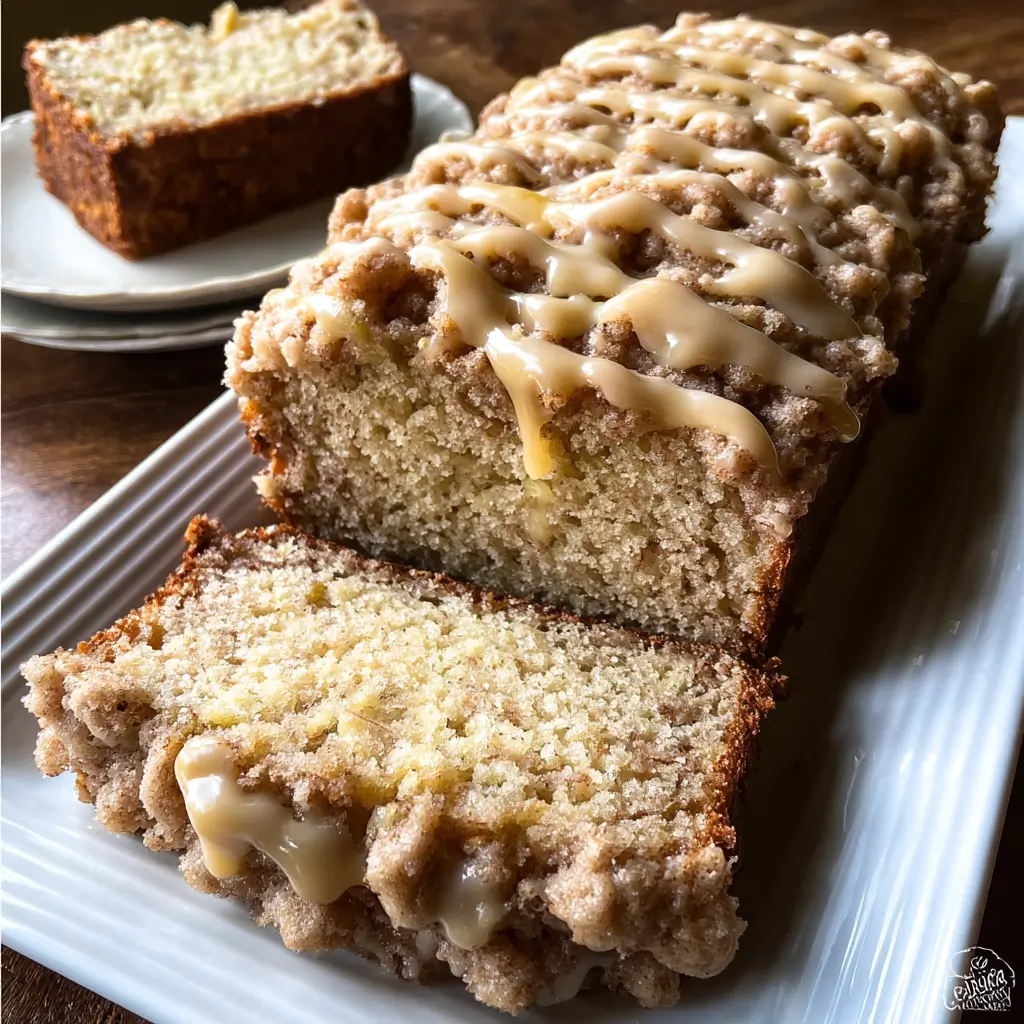 Apple Crumb Bread Recipe | 1 Bakery-Style Treat You’ll Love 6 Sliced apple crumb bread with cinnamon streusel topping and maple glaze on a white platter, close-up texture