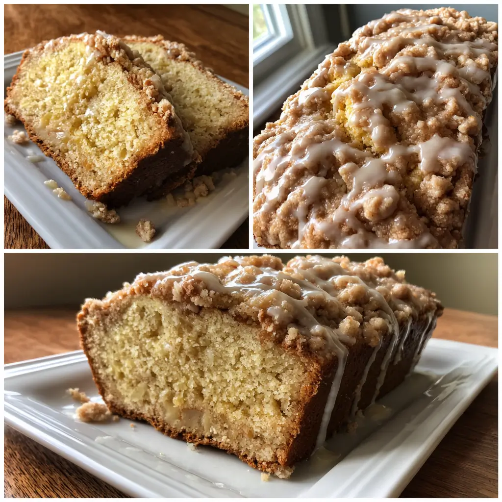 Apple Crumb Bread Recipe | 1 Bakery-Style Treat You’ll Love 8 Collage of apple crumb bread slices and full loaf with cinnamon streusel and maple glaze, moist interior and golden crust