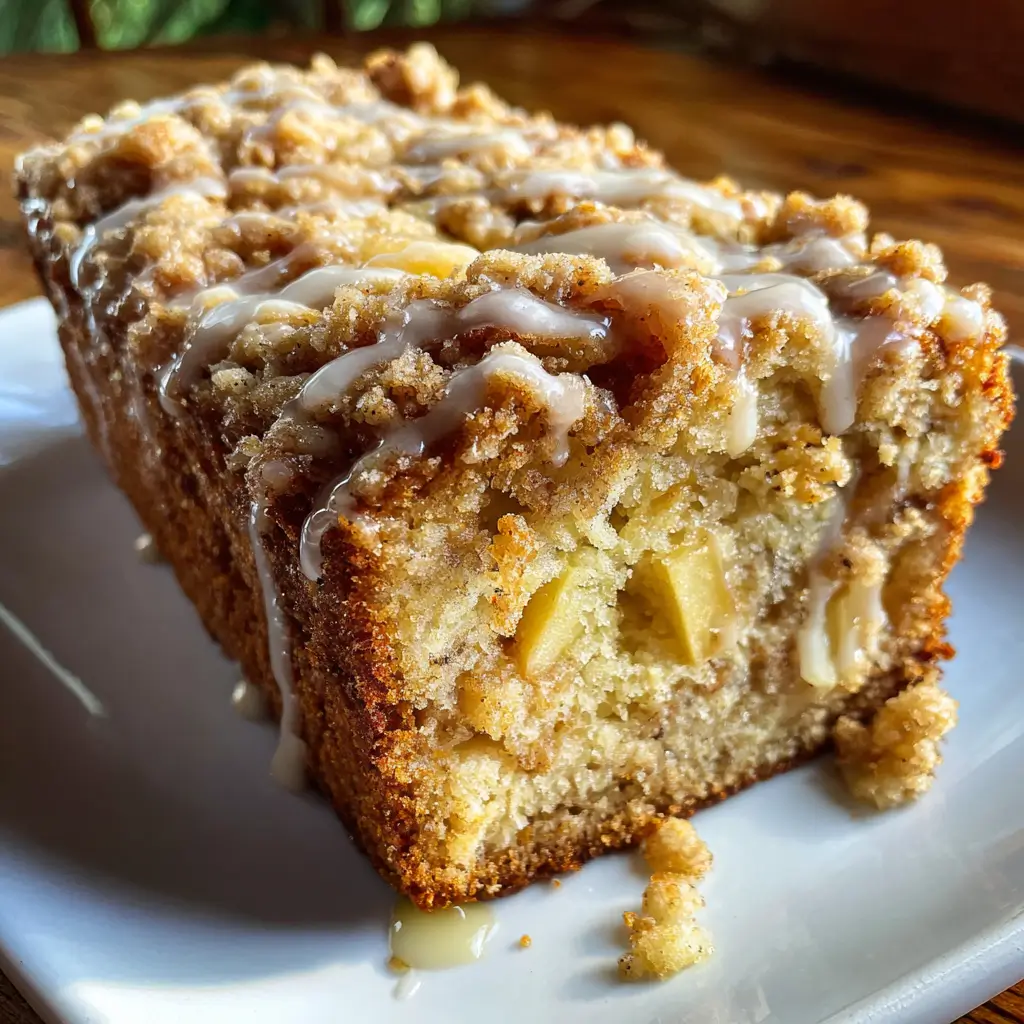 Apple Crumb Bread Recipe | 1 Bakery-Style Treat You’ll Love 9 Close-up slice of apple crumb bread with maple glaze and cinnamon topping on a white plate, showing moist interior and apple chunks