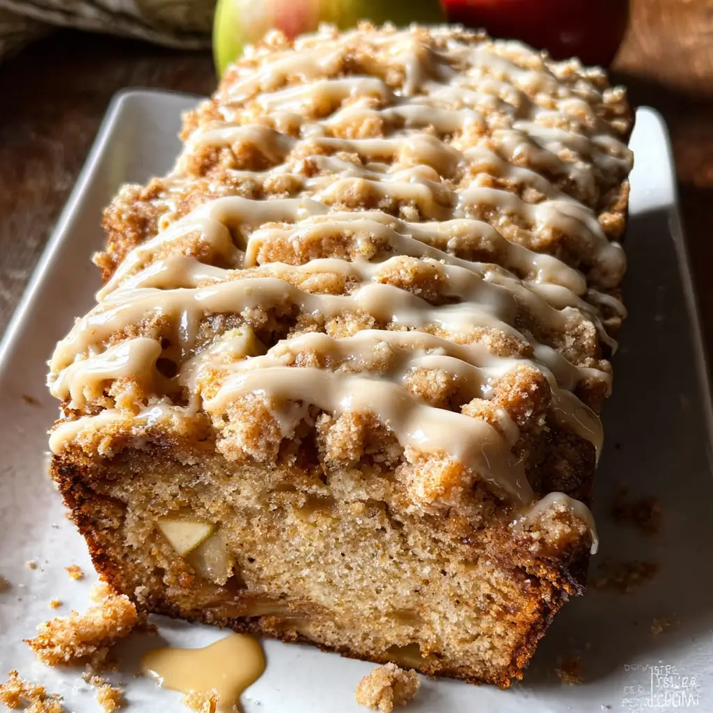 Moist apple crumb bread topped with buttery cinnamon streusel and maple glaze, close-up slice showing baked apple chunks