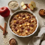 Apple Pie Baked Oats Recipe – 1 Cozy Bake You’ll Love 7 Overhead view of round dish of apple pie baked oats with pecans and apples