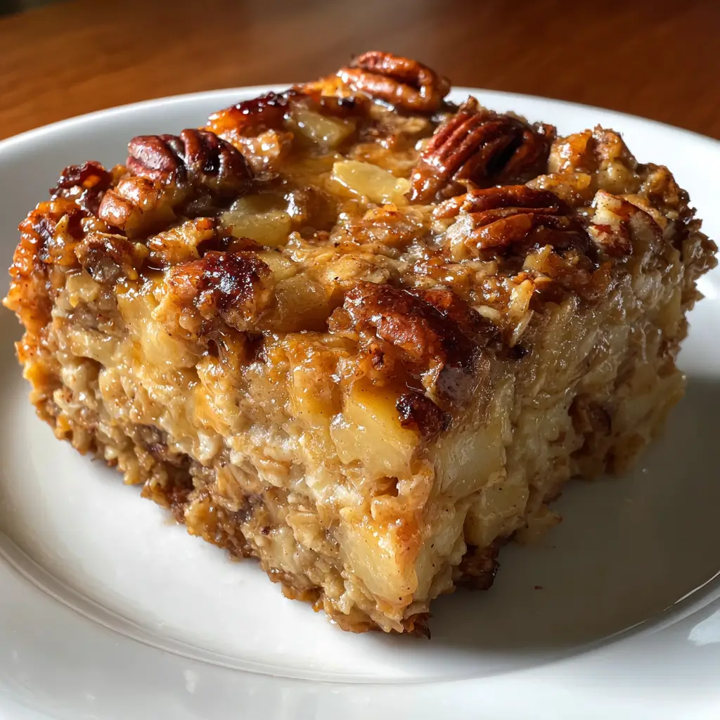 Apple Pie Baked Oats Recipe – 1 Cozy Bake You’ll Love 6 Close-up of moist apple pie baked oats with glossy pecans and tender apples