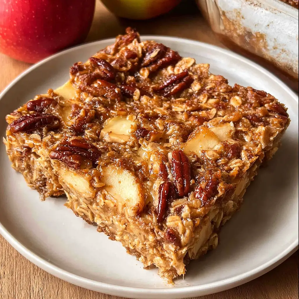 Apple Pie Baked Oats Recipe – 1 Cozy Bake You’ll Love 8 Homemade apple pie baked oats slice with pecans and apple chunks