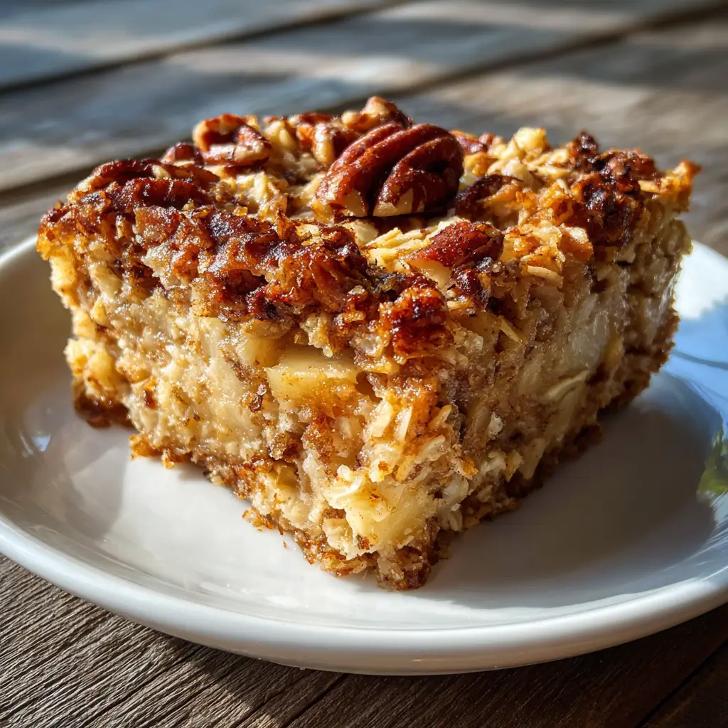 Apple Pie Baked Oats Recipe – 1 Cozy Bake You’ll Love 9 Single slice of apple pie baked oats with pecans on white plate