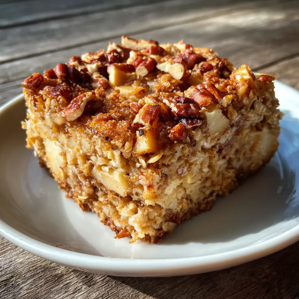 Apple Pie Baked Oats Recipe – 1 Cozy Bake You’ll Love 5 Close-up of apple pie baked oats square with pecans on top