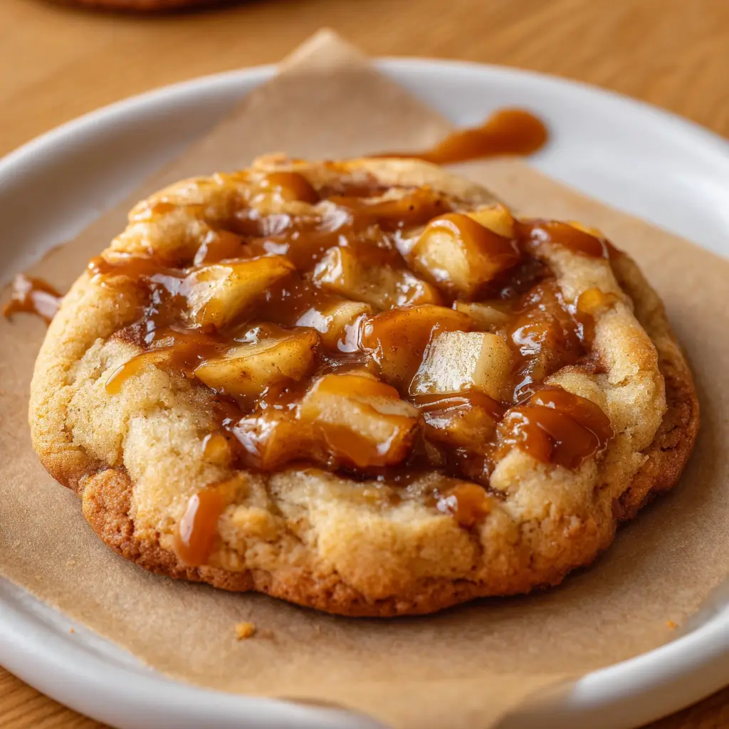 Apple Pie Cookies – Irresistible Homemade Comfort In 6 Easy Steps 6 Apple Pie Cookies topped with caramel drizzle and diced cinnamon-spiced apples on parchment paper