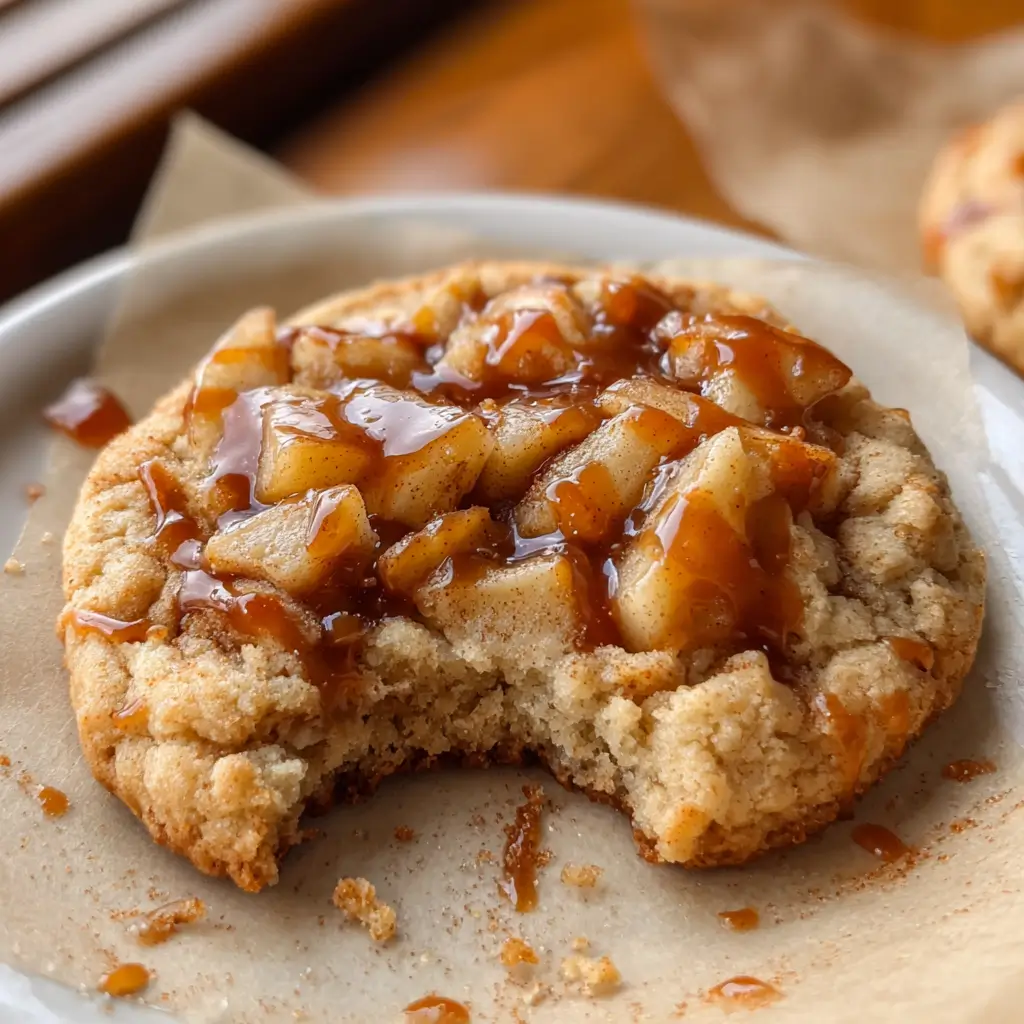 Apple Pie Cookies with cinnamon-spiced apple topping and caramel drizzle, partially eaten