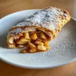 Apple Pie Egg Rolls – 5 Sweet Reasons You’ll Love This Crispy Treat 7 Apple pie egg roll with caramelized cinnamon apple filling spilling out onto a white plate, dusted with powdered sugar