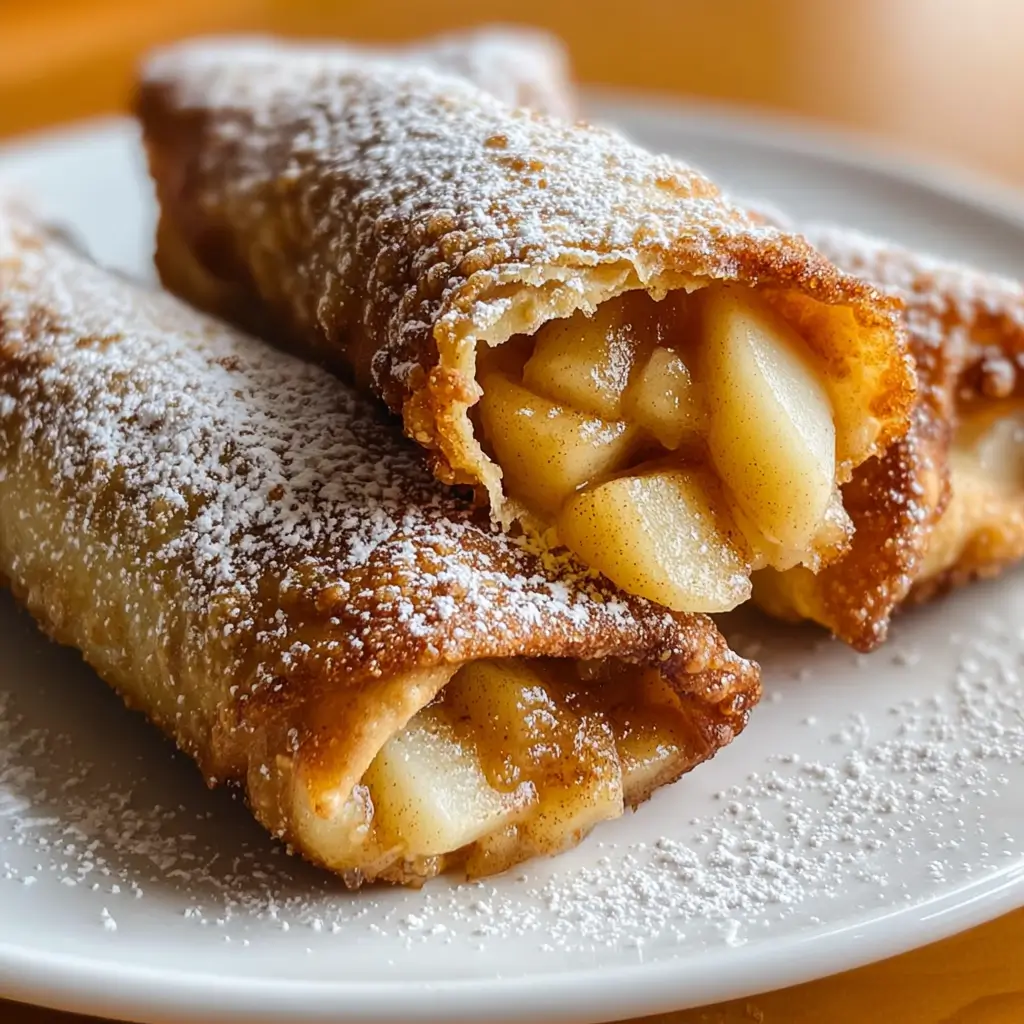 Apple Pie Egg Rolls – 5 Sweet Reasons You’ll Love This Crispy Treat 6 Close-up of golden apple pie egg rolls with cinnamon apple filling and powdered sugar on a white plate
