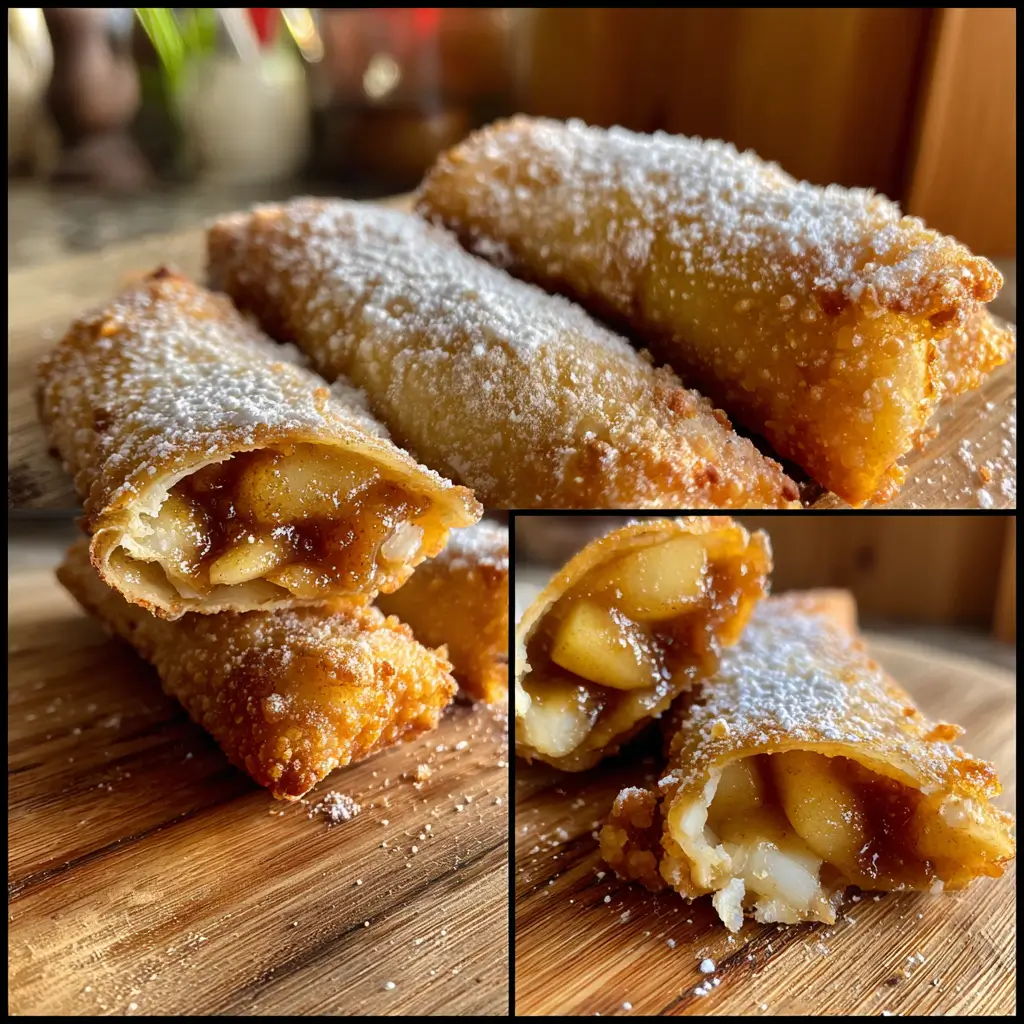 Apple Pie Egg Rolls – 5 Sweet Reasons You’ll Love This Crispy Treat 8 Apple pie egg rolls with golden crispy wrapper and rich cinnamon apple filling, shown in a close-up collage on a wooden surface