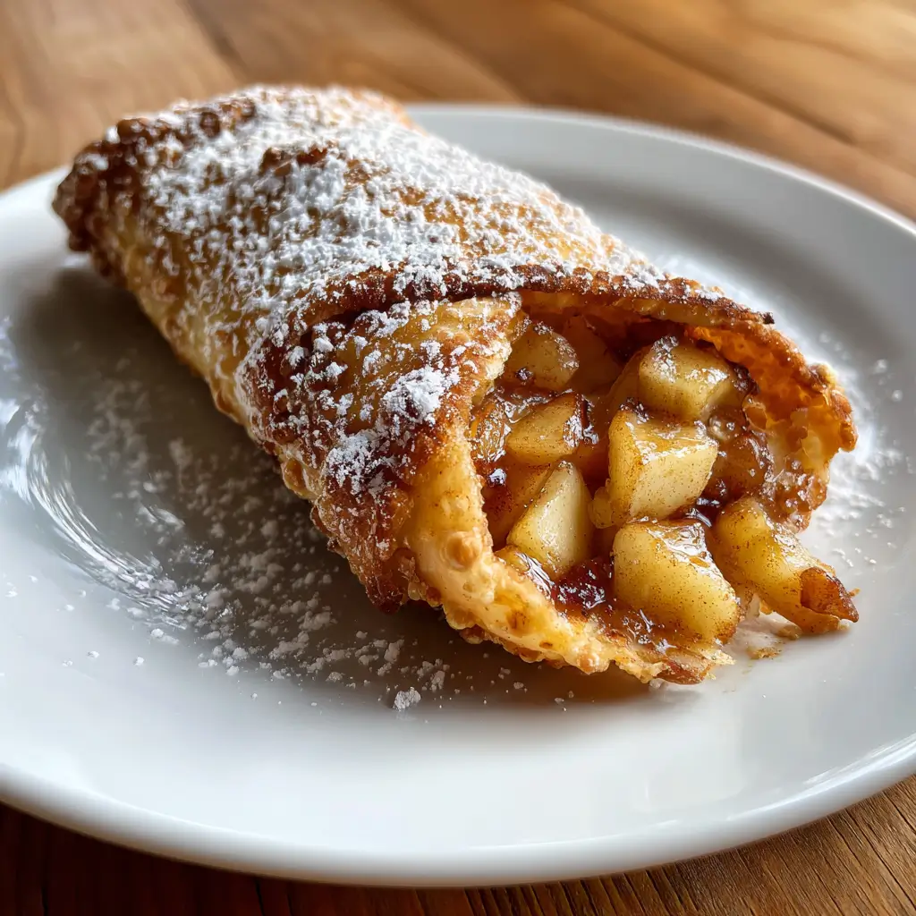 Apple Pie Egg Rolls – 5 Sweet Reasons You’ll Love This Crispy Treat 9 Single apple pie egg roll on a white plate, broken open to reveal warm cinnamon apple filling and dusted with powdered sugar