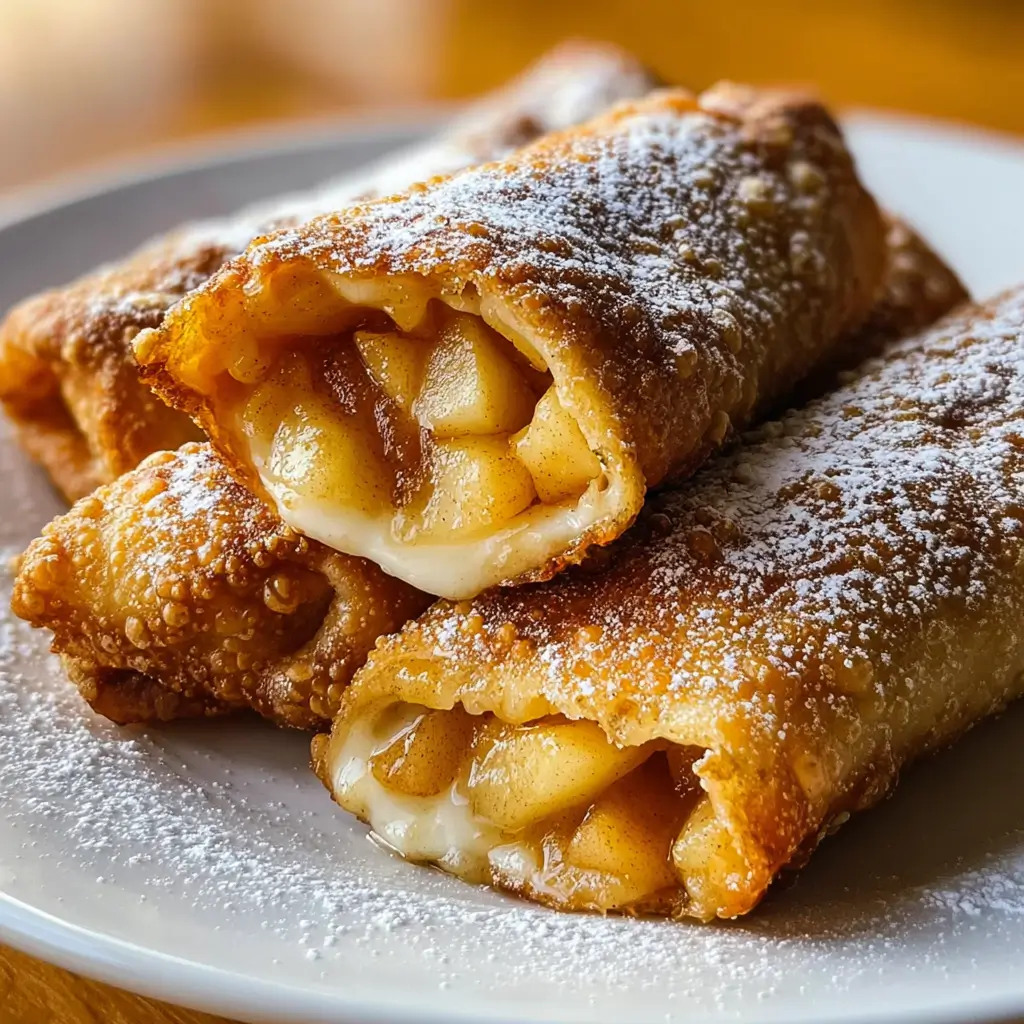 Crispy apple pie egg rolls filled with warm cinnamon apples and dusted with powdered sugar on a white plate