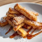 Apple Pie Fries – The Irresistible Fall Dessert You Need 7 Apple Pie Fries stacked on a white plate with powdered sugar and caramel drizzle