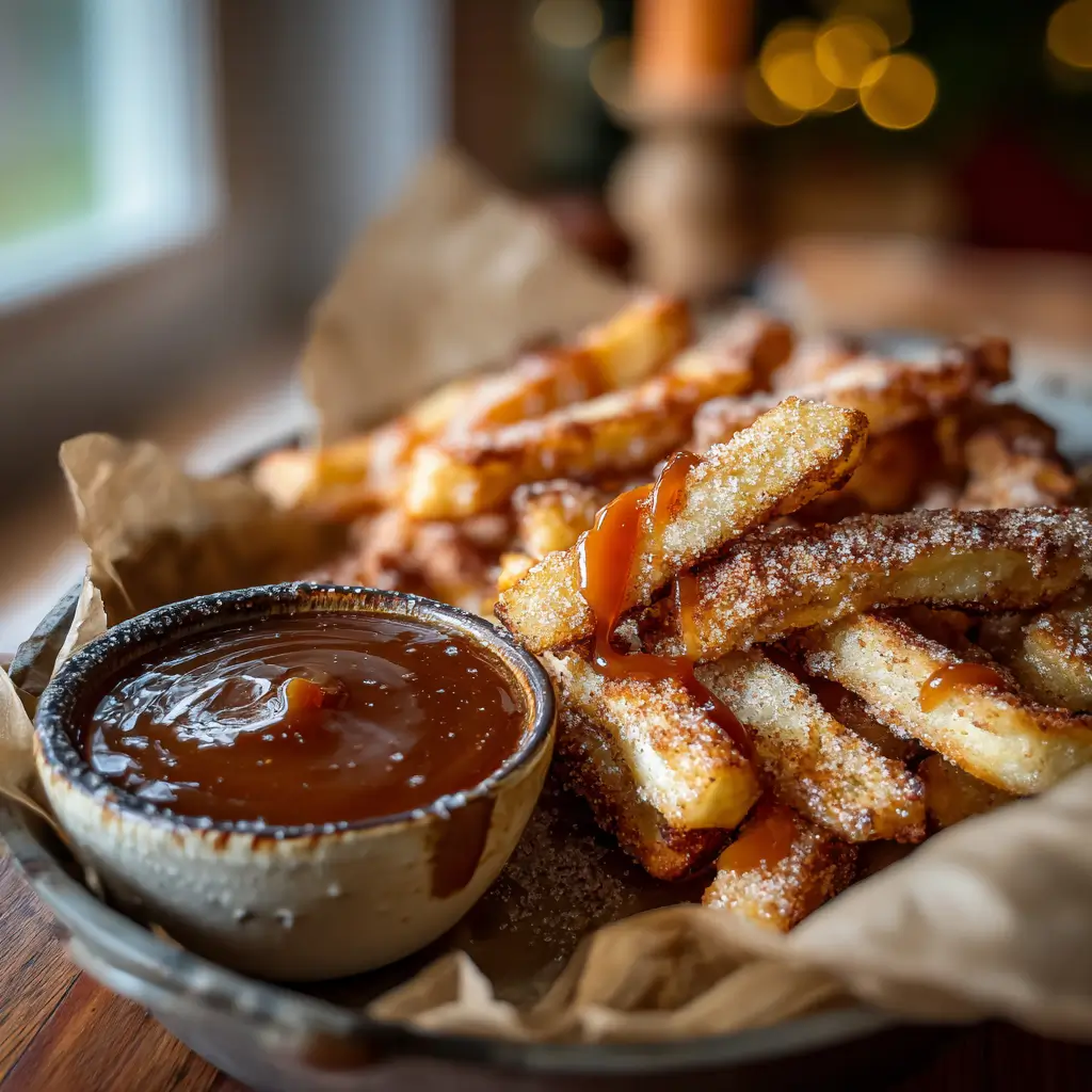 Apple Pie Fries – The Irresistible Fall Dessert You Need 6 Apple Pie Fries in a rustic bowl with salted caramel dipping sauce