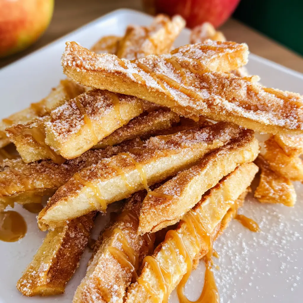 Apple Pie Fries – The Irresistible Fall Dessert You Need 8 Apple Pie Fries on a white plate drizzled with caramel and sprinkled with sugar