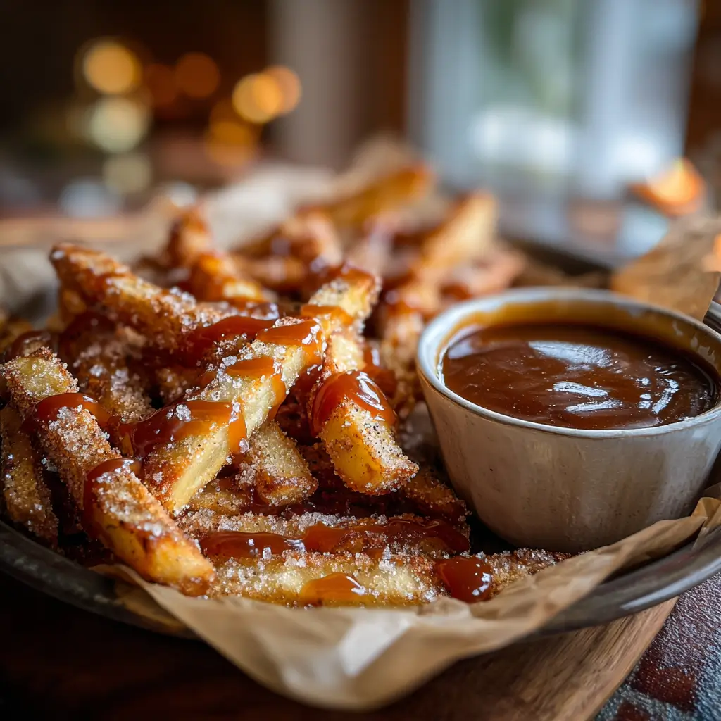 Apple Pie Fries – The Irresistible Fall Dessert You Need 9 Apple Pie Fries with caramel drizzle served in a tray with dipping sauce