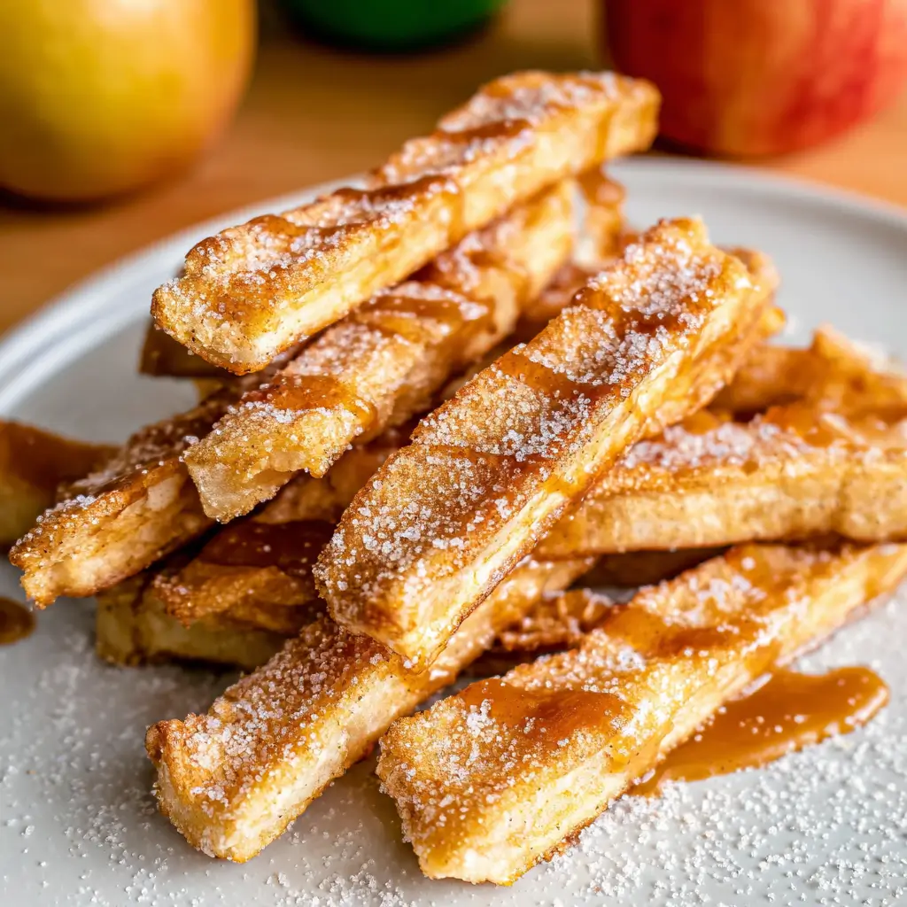 Apple Pie Fries stacked on a plate with caramel sauce and cinnamon sugar topping