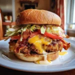 Cheddar Ranch Chicken Burgers: Amazing 30-Minute Recipe 7 Cheddar Ranch Chicken Burger with crispy chicken patty, melted cheese, shredded lettuce, tomato, and ranch on a toasted bun