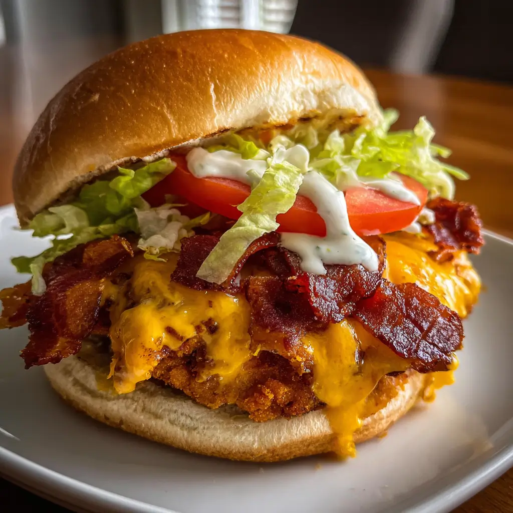 Cheddar Ranch Chicken Burgers: Amazing 30-Minute Recipe 6 Cheddar Ranch Chicken Burger with crispy turkey bacon, shredded lettuce, tomato, and ranch dressing on a toasted bun