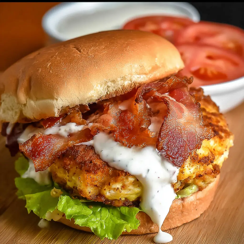 Cheddar Ranch Chicken Burgers: Amazing 30-Minute Recipe 8 Cheddar Ranch Chicken Burger with crispy turkey bacon, ranch dressing, and lettuce on a toasted bun