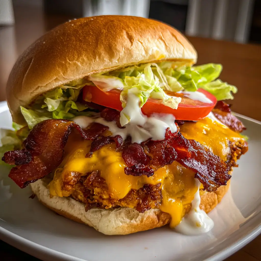 Cheddar Ranch Chicken Burgers: Amazing 30-Minute Recipe 9 Cheddar Ranch Chicken Burgers with melted cheddar, crispy turkey bacon, shredded lettuce, tomato, and ranch dressing on a toasted bun