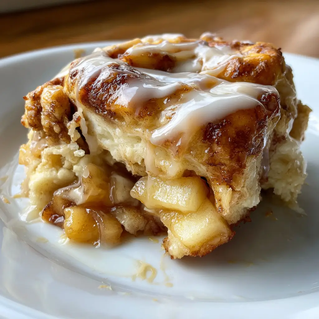 Cinnamon Roll Apple Pie Bake – 2 Ingredients, Amazing Treat 6 Single serving of cinnamon roll apple pie bake on a white plate with gooey apple chunks and icing drizzle