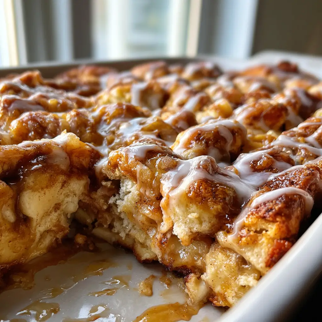 Cinnamon Roll Apple Pie Bake – 2 Ingredients, Amazing Treat 8 Freshly baked cinnamon roll apple pie bake with soft golden rolls, apple filling, and icing in a white baking dish