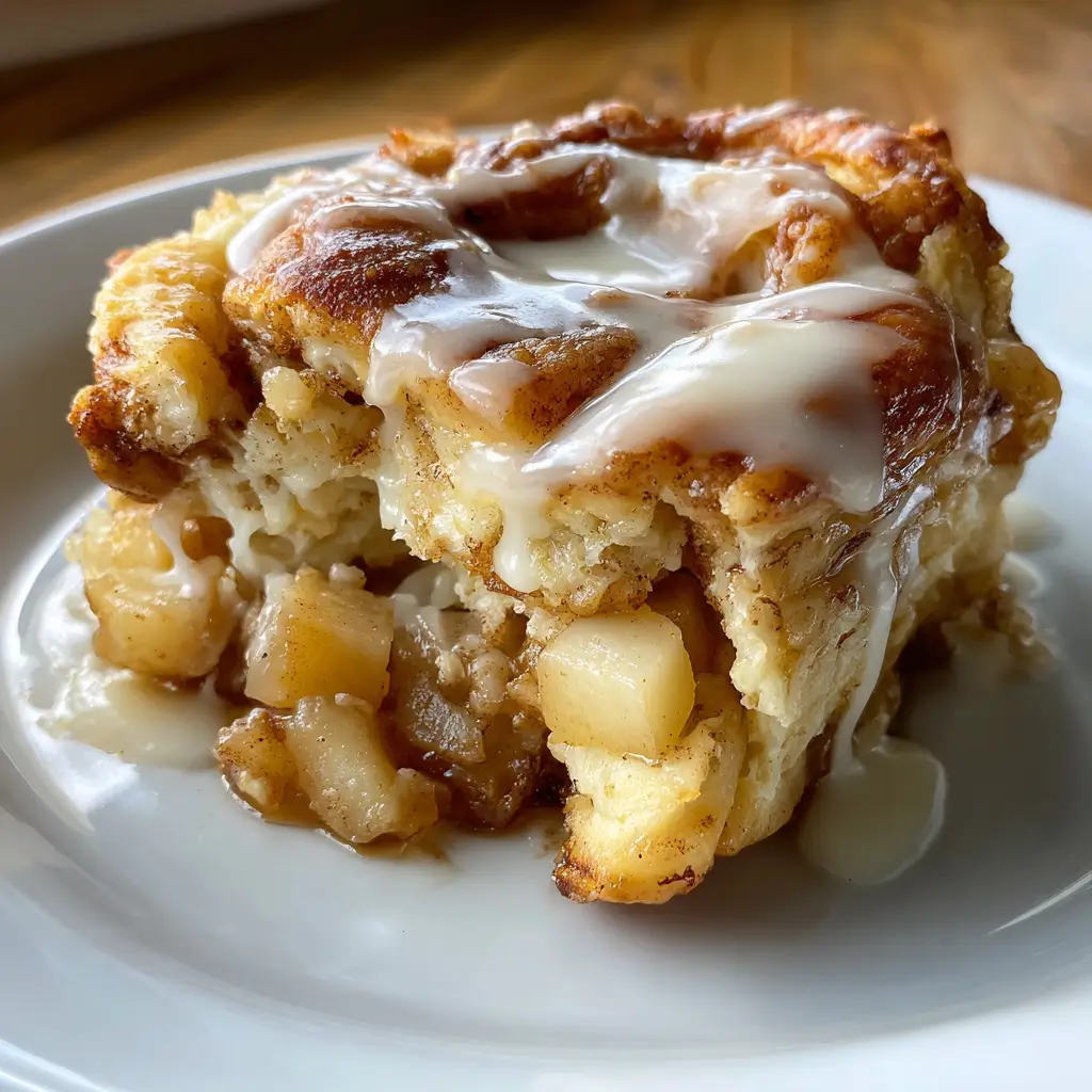 Cinnamon Roll Apple Pie Bake – 2 Ingredients, Amazing Treat 9 Served slice of cinnamon roll apple pie bake with visible apple chunks and vanilla glaze on a white plate