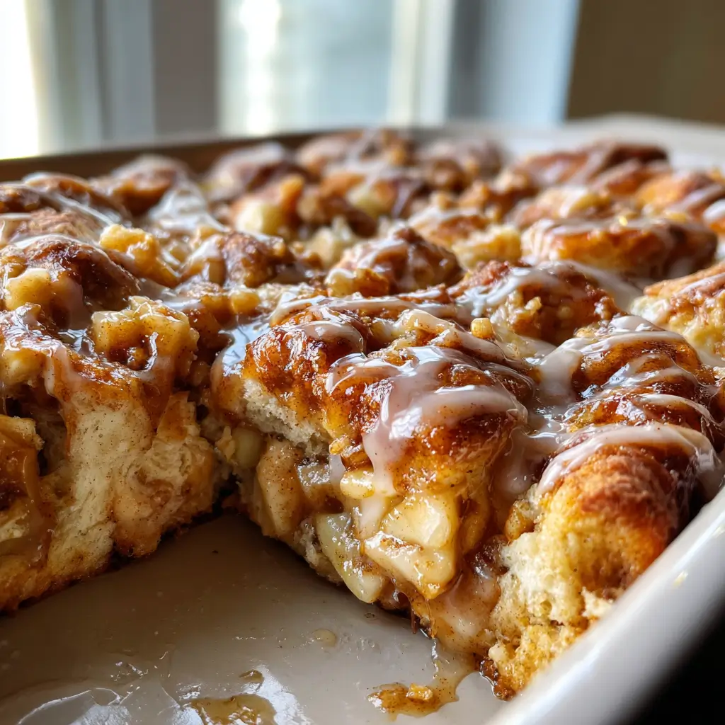Cinnamon roll apple pie bake in a white dish with gooey apple filling and vanilla glaze dripping over golden cinnamon rolls