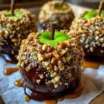 Date Caramel Apple with dark chocolate coating and chopped peanuts on parchment paper with caramel drips