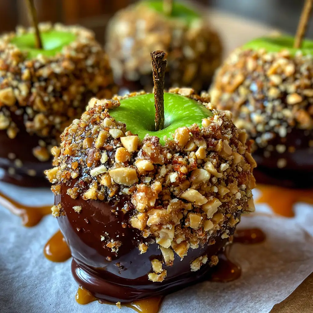 Date Caramel Apple – Sweet, Guilt-Free Indulgence You’ll Love 6 Date Caramel Apple coated in glossy chocolate and chopped peanuts with caramel pooling on parchment paper