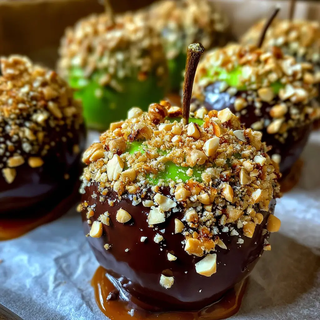Date Caramel Apple – Sweet, Guilt-Free Indulgence You’ll Love 8 Date Caramel Apple coated in dark chocolate and crushed roasted peanuts on parchment paper