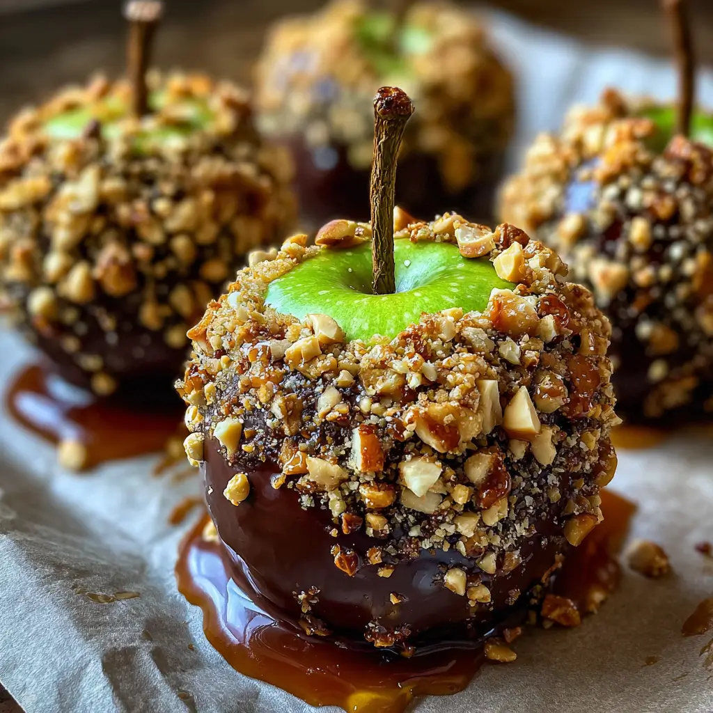 Date Caramel Apple – Sweet, Guilt-Free Indulgence You’ll Love 9 Date Caramel Apple coated in glossy dark chocolate and chopped roasted peanuts on parchment paper