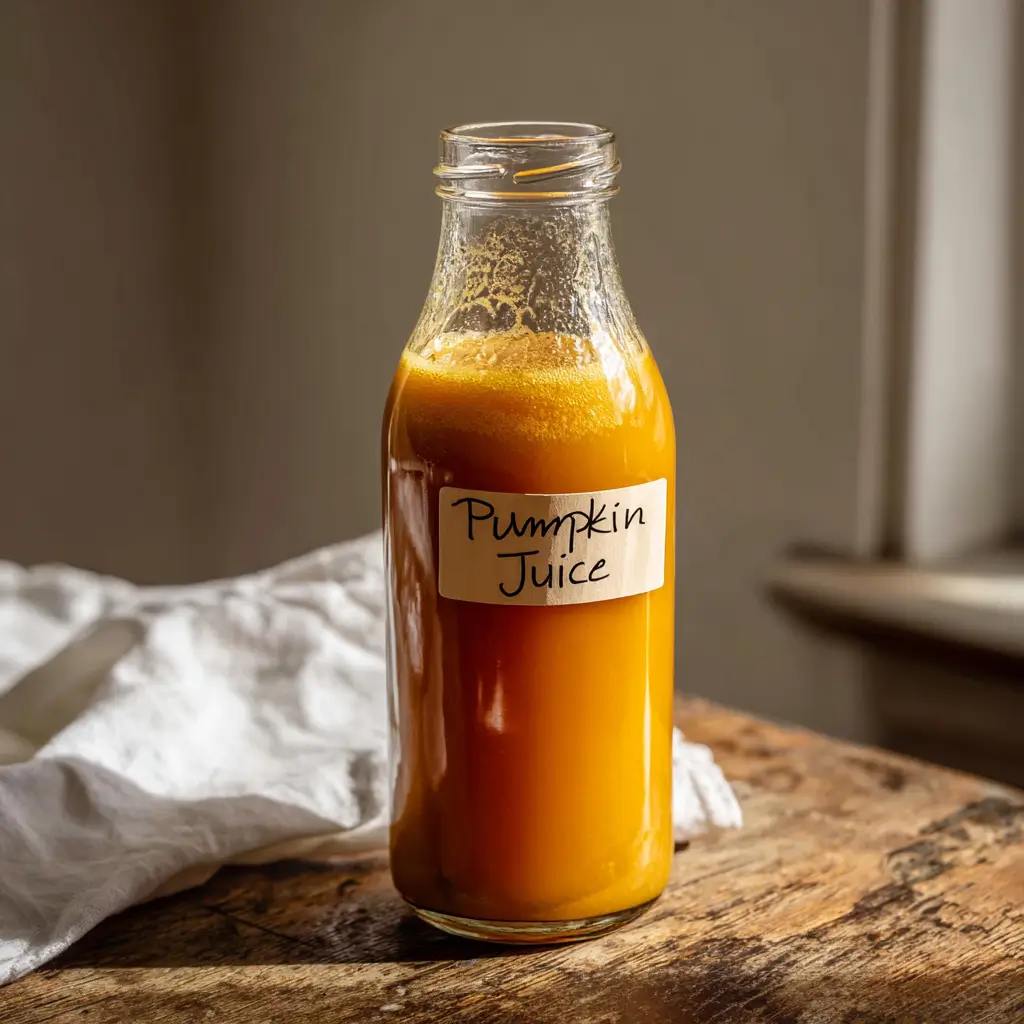 Harry Potter Pumpkin Juice Copycat – Magical Fall Drink You’ll Love 5 Glass bottle of Harry Potter Pumpkin Juice Copycat on rustic wood table with golden-orange color and slight froth