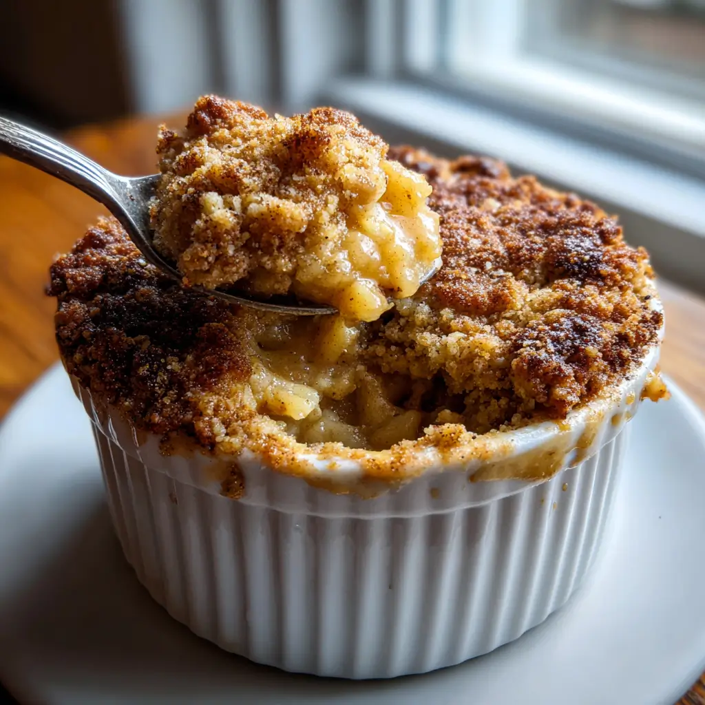 High-Protein Apple Crumble – 1 Smart Treat to Feel Good 5 Baked high-protein apple crumble in white ramekin with spoonful showing gooey cinnamon apple filling