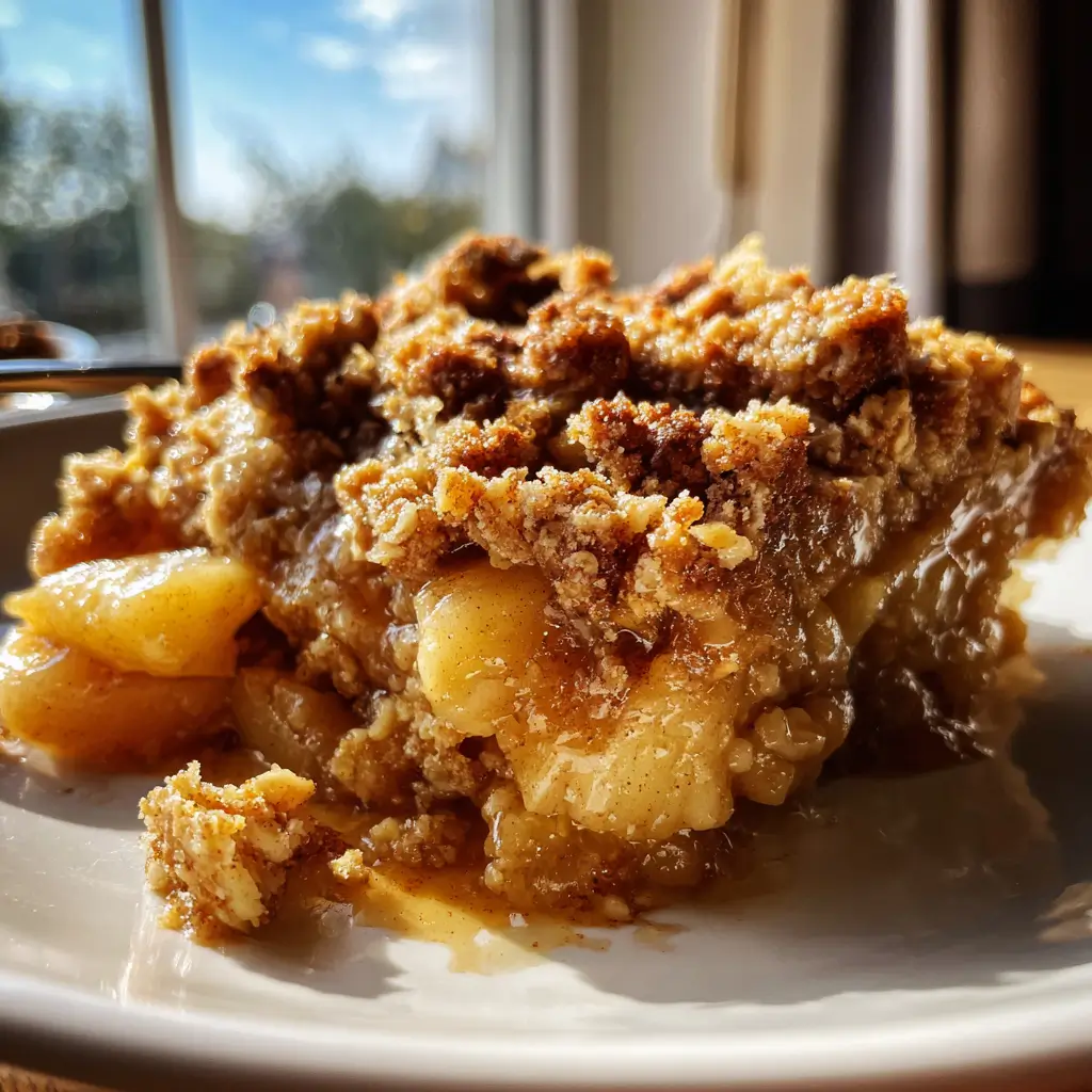 High-Protein Apple Crumble – 1 Smart Treat to Feel Good 6 Moist slice of high-protein apple crumble with golden oat topping and cinnamon apple layers on a plate