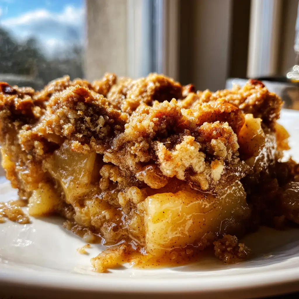 Close-up of high-protein apple crumble slice with gooey apple filling and oat-protein topping
