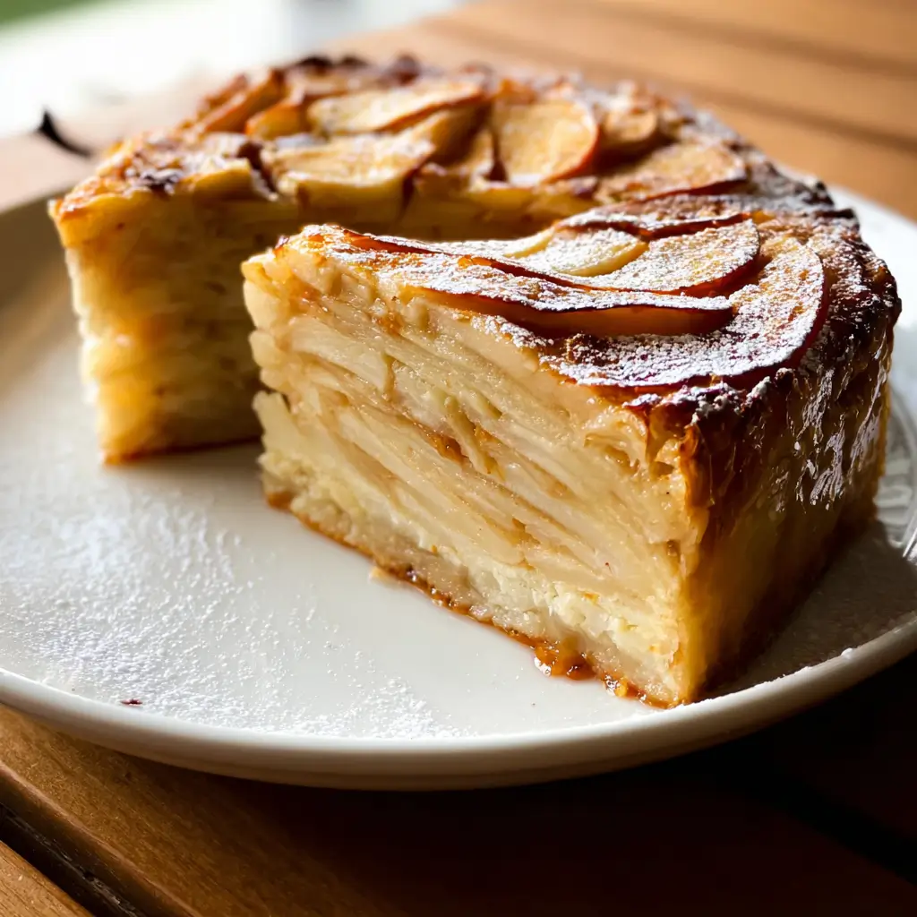 Invisible Apple Cake – 5-Step Stunning Recipe You’ll Love 5 Whole Invisible Apple Cake with a slice removed, revealing thin apple layers baked in golden custard