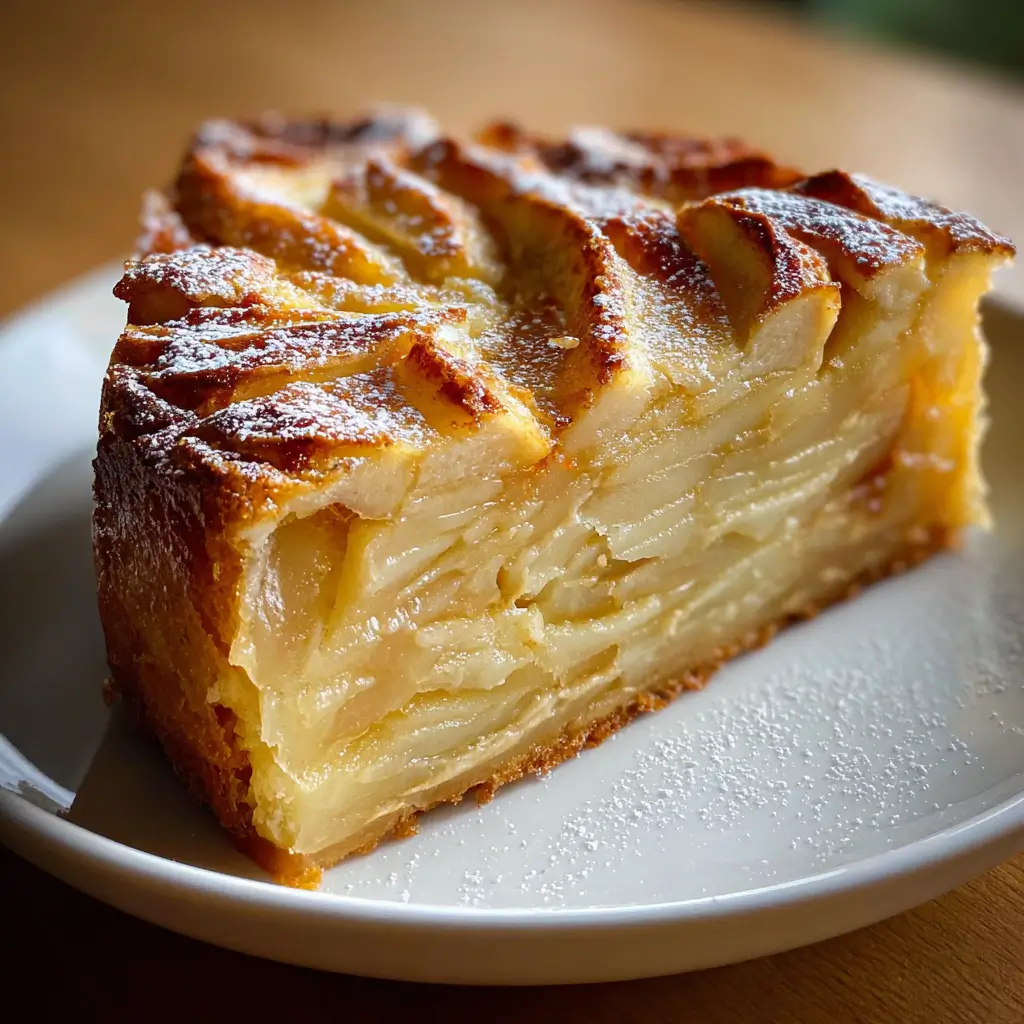 Invisible Apple Cake – 5-Step Stunning Recipe You’ll Love 7 Single slice of Invisible Apple Cake on a white plate with visible thin apple layers and golden crust