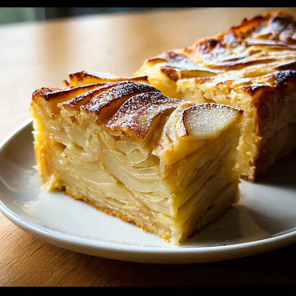 Invisible Apple Cake – 5-Step Stunning Recipe You’ll Love 4 Invisible Apple Cake slice showing delicate layers of thinly sliced apples baked in golden custard
