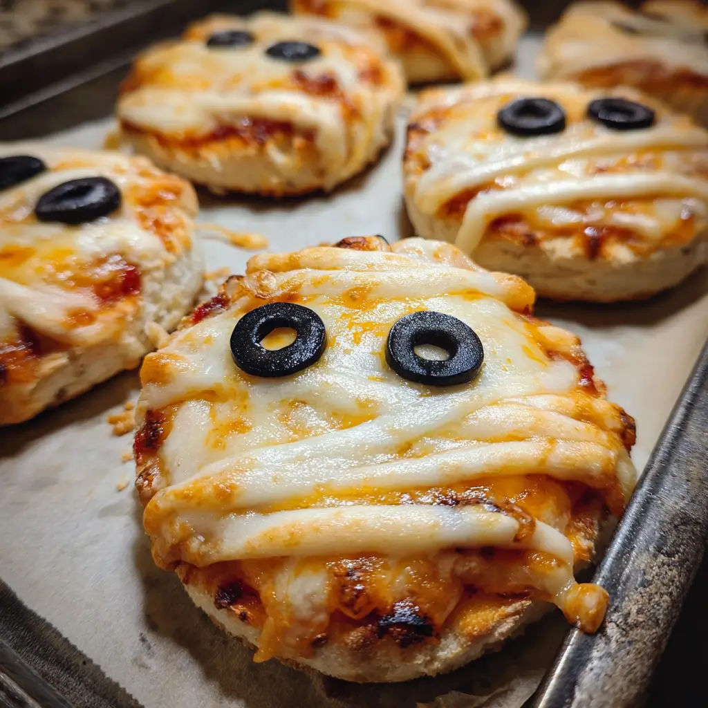 Mummy Mini Pizzas – Spooky, Cheesy & Kid-Friendly Halloween Treat 6 mummy mini pizzas