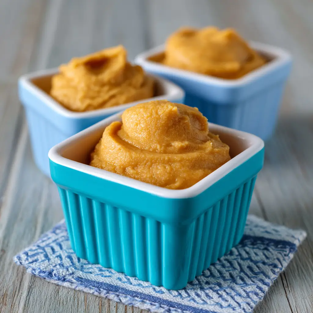 Pumpkin Apple Treats: Easy Frozen Fall Snack for All Ages 6 Pumpkin Apple Treats in blue ceramic ramekins, smooth frozen texture and vibrant orange color